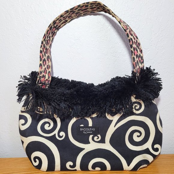 Bagolitas by Janice Handbags - Black & White Swirl w/Pink Leopard Print, Fringe